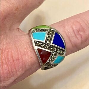Sterling Silver Turquoise Marcasite Inlay Ring Size 7.5